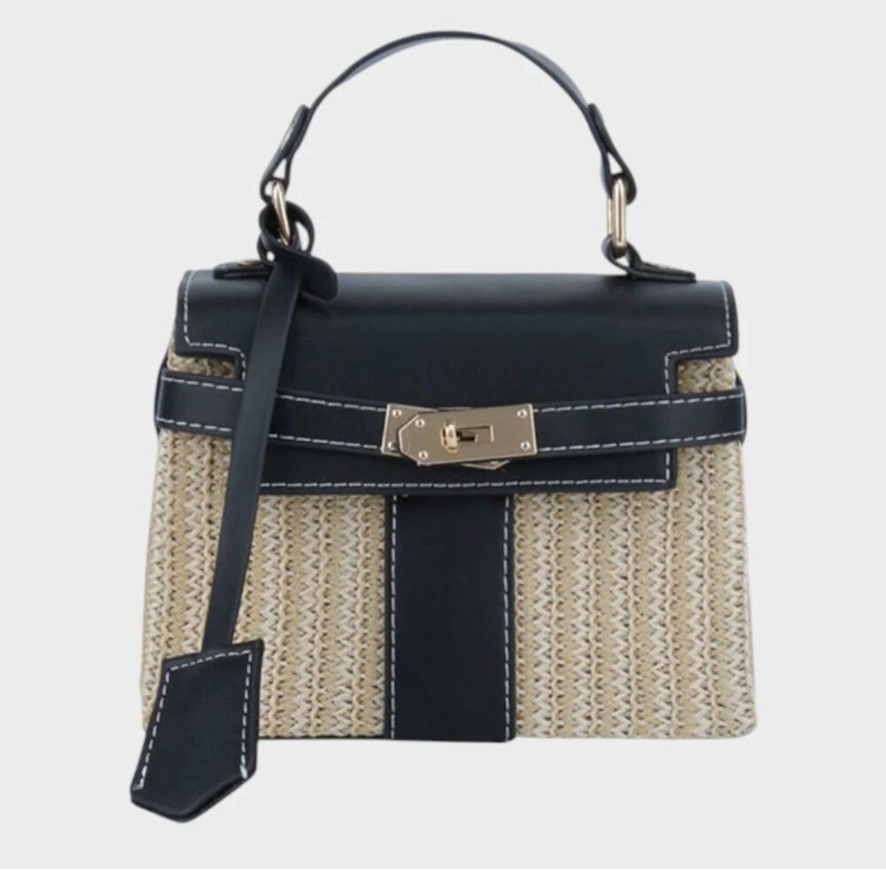 Kurava Woven Straw Handbag with Crossbody Shoulder Strap and Black Accents NEW